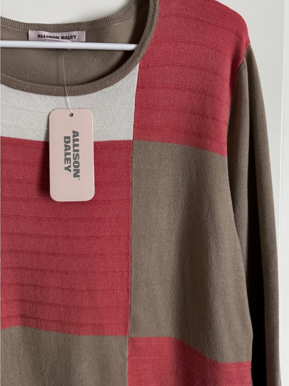 Allison Daley NWT Colorblock Knit Sweater Top Coral Pink Taupe Ivory Large - Picture 8 of 11